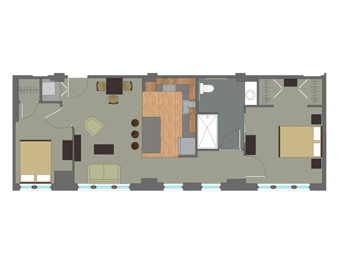 A floor plan of a house with a kitchen, living room, and two bedrooms.
